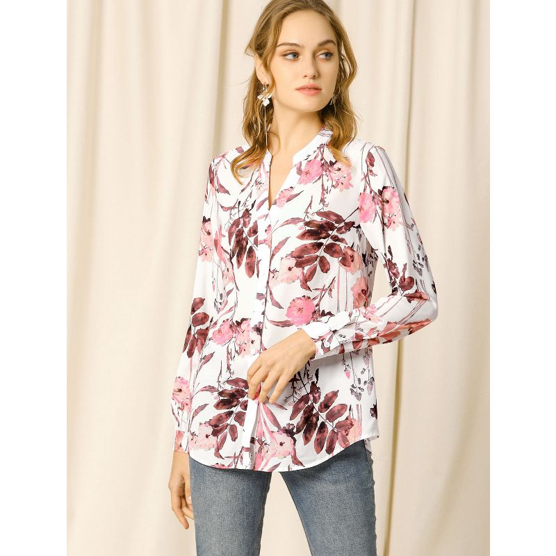 Allegra K Women's Floral Loose V Neck Long Sleeve Button-Up Shirt, 4 of 8