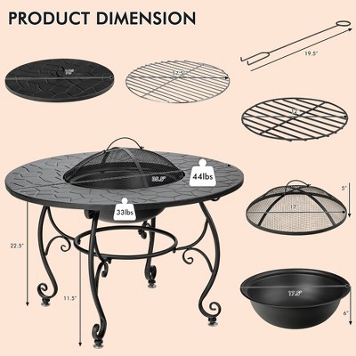 Black Steel Round Fire Pit Table with Cooking Grate