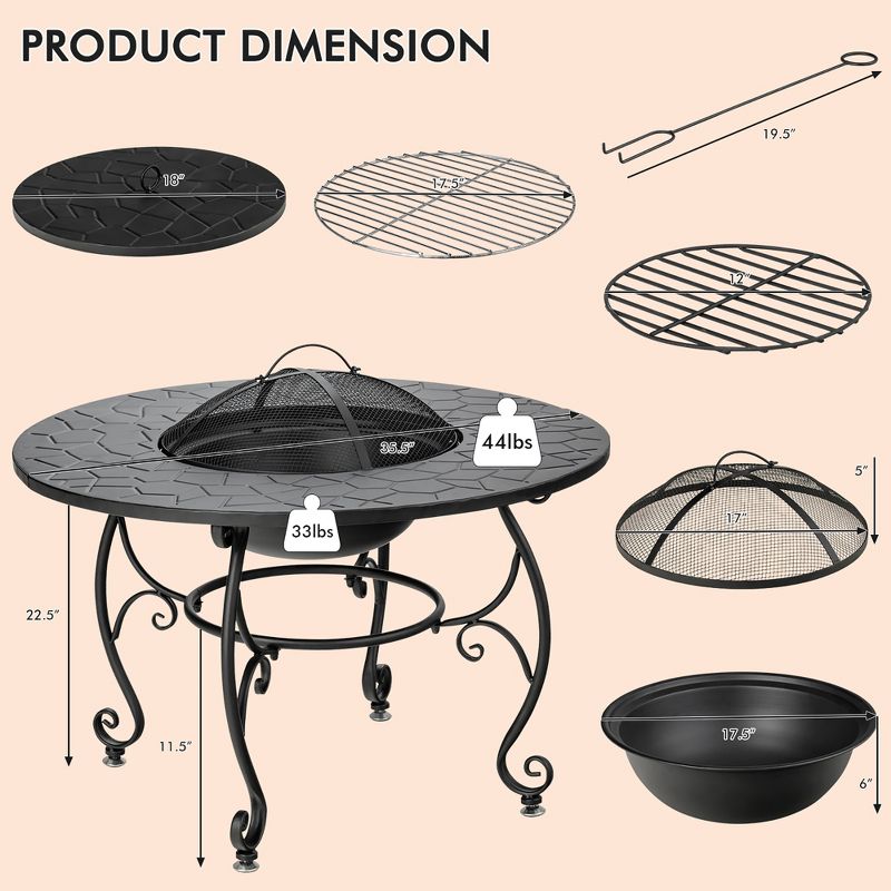 Costway 35.5'' Patio Fire Pit Dining Table Charcoal Wood Burning W/ Cooking BBQ Grate, 4 of 11