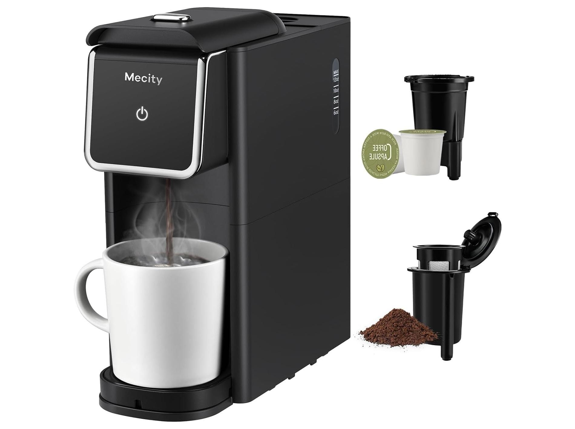 Mecity Mini Single Serve Coffee Maker, K-Cup/Ground Coffee/Tea Compatible, 6-12oz, Auto Shut-Off, 1000W, for Home/RV