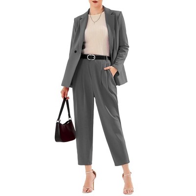 EXLURA Women's Business Blazer and High Elastic Waist Pant Suit Set Loose Fit Casual Fall Winter 2 Piece Suits for Work