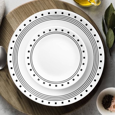 White Vitrelle Glass Dinnerware Set with Geometric Pattern, Service for 4