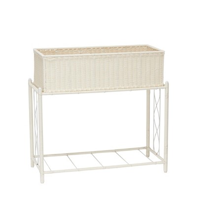 White Resin Wicker Two-Tier Indoor Outdoor Planter Stand