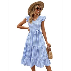 Women's Summer Casual Dresses Cap Ruffle Sleeveless V Neck Smocked Flowy Beach Sundress Belted Tiered Boho Maxi Dress - 1 of 4