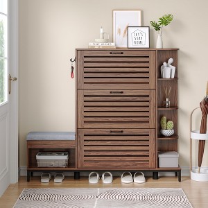 Narrow Shoe Cabinet with Bench & Flip Louvered Doors, Hooks and Side Adjustable Shelves - 1 of 4