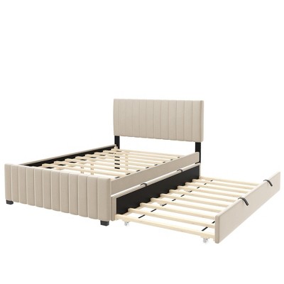Bellemave Full Bed Frame with Trundle Bed,Velvet Upholstered Platform Bed Frame,Full Size Trundle Bed with Headboard for Kids Teens Adults(Beige)