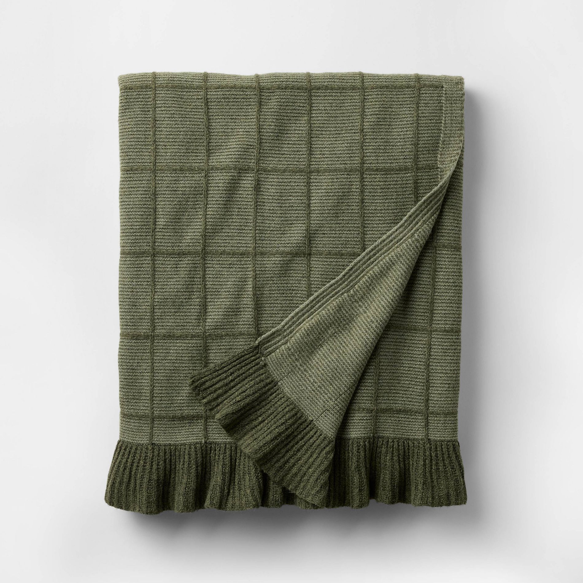 50"x60" Windowpane Plaid with Ruffle Throw Blanket Green - Threshold™ designed with Studio McGee