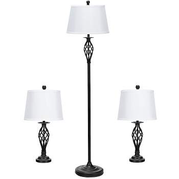 Tangkula Lamp Set 3-Piece Modern Antique Bronze Finish Lamps, Floor Lamp and Table Lamps Set with Soft Pleated White Fabric Shades