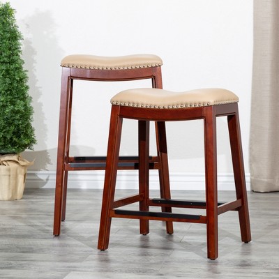 FURNIinspire Counter And Bar Stools Upholstered Faux Leather Barstools, Armless Barstools, Bar Chair Without Backrest, Cherry Finish, 17"*20.25"*32"