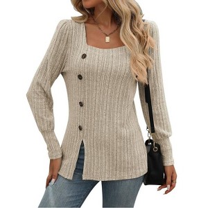 Coolmee Women's Tops Casual Long Sleeve Square Neck Buttons Front Slit Loose Sweater - 1 of 4