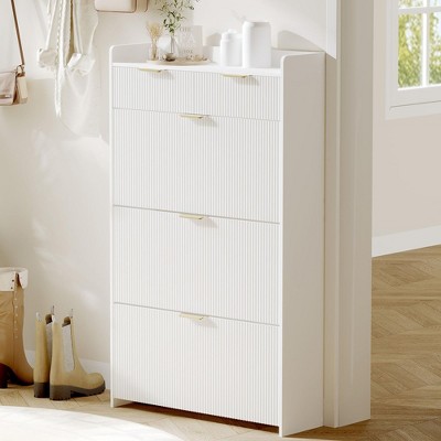Modern Fluted Shoe Cabinet with 3 Flip Drawers, Slim Shoe Storage Organizer with 2 Drawers