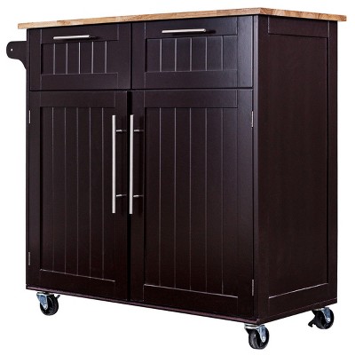 Brown Rubberwood Kitchen Cart with Storage and Casters