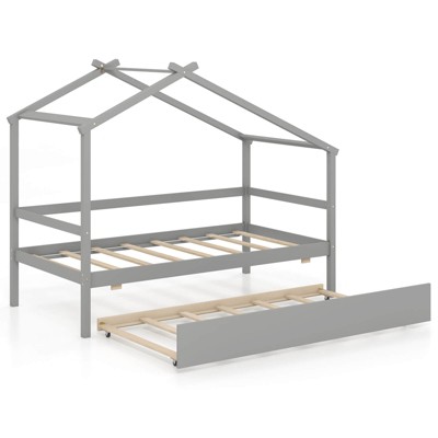 Infans Twin House Bed with Trundle with Roof and Fence Rails Wooden Platform Bed Frame