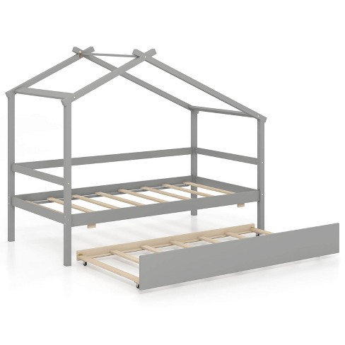 Infans Twin House Bed with Trundle with Roof and Fence Rails Wooden Platform Bed Frame - image 1 of 4