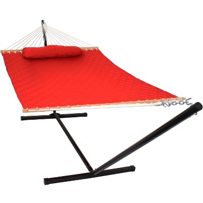 Sunnydaze 2-Person Quilted Double Hammock with Spreader Bars with Freestanding Stand - 400 lb Weight Capacity/12' Stand - Red