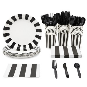 Blue Panda 144 Piece Black and White Party Supplies - Serves 24 Striped Plates, Napkins, Cups, Cutlery for Birthday, Graduation - 1 of 4