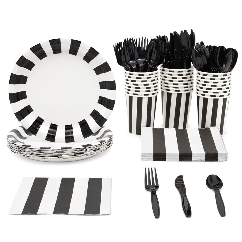 Blue Panda 144 Piece Black and White Party Supplies - Serves 24 Striped Plates, Napkins, Cups, Cutlery for Birthday, Graduation, 1 of 9