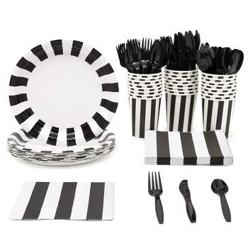 Blue Panda 144 Piece Black and White Party Supplies - Serves 24 Striped Plates, Napkins, Cups, Cutlery for Birthday, Graduation