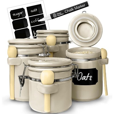 4-Piece Ceramic Kitchen Canisters Set, Airtight Jars with Wooden Spoons Reusable Chalk Labels and Marker for Sugar, Coffee, Flour, Tea