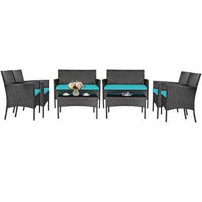 Tangkula Rattan Patio Conversation Set Cushioned Sofa with Coffee Table