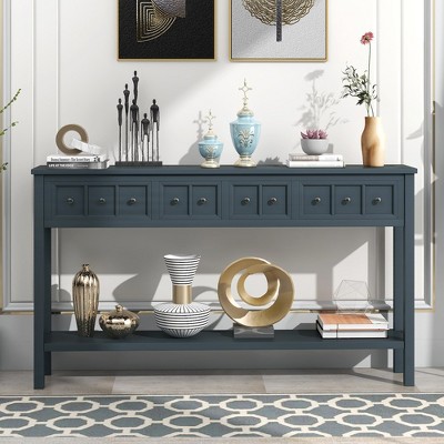 Farmhouse Entryway Table, Sofa Console Table With 4 Drawers, Bottom Shelf, Solid Wood Legs Narrow Sofa Tables
