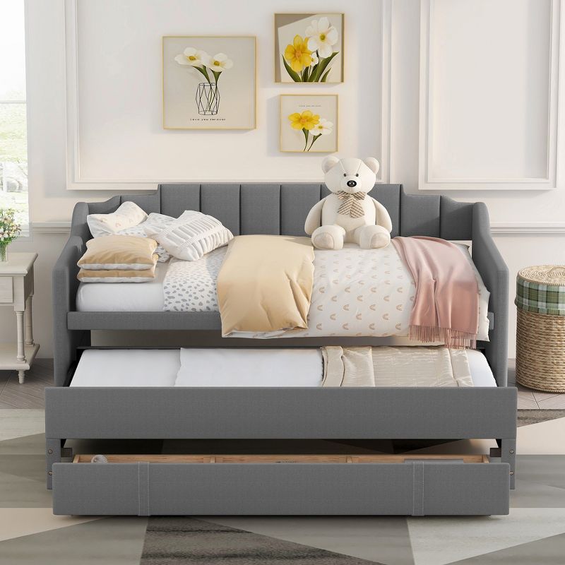 Twin Size Upholstered Daybed with Trundle Bed and Three Drawers-ModernLuxe, 2 of 10