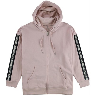 Calvin Klein Womens Logo Stripe Hoodie Sweatshirt, Pink, 1X
