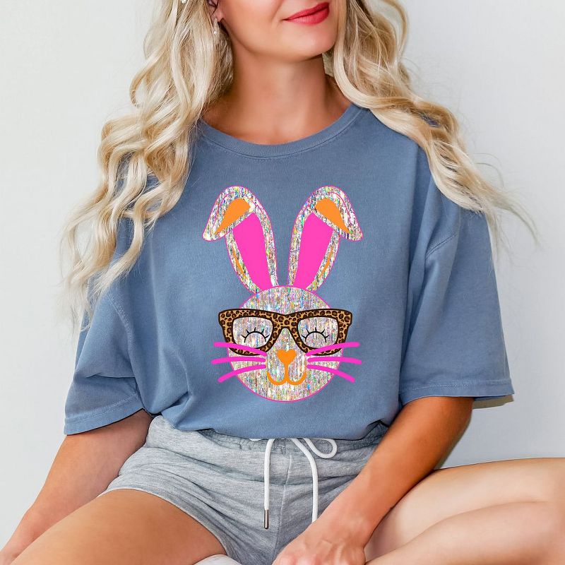 Simply Sage Market Women's Sparkle Bunny With Glassess Short Sleeve Garment Dyed Tee - 2XL - BlueJean, 3 of 5