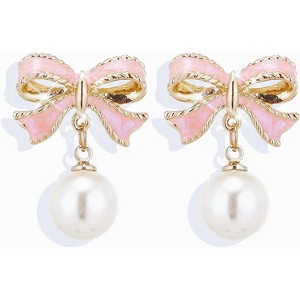 Gold Pearl Bow Earrings For Women Trendy Pink Coquette Drop Stud Silver Earrings Dangle Jewelry - Unique Gifts For Wife Preppy Cute Teen Accessories - 1 of 4