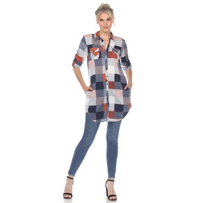 Women's  Roll Tab Sleeve Plaid Buttoned Top - White Mark