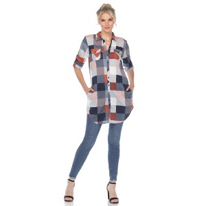 Women's  Roll Tab Sleeve Plaid Buttoned Top - White Mark - 1 of 4