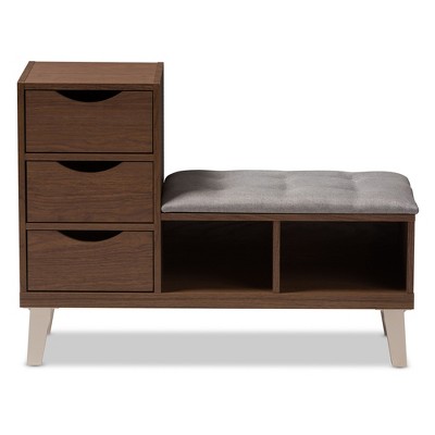 Walnut Wood & Light Gray Fabric 3-Drawer Shoe Storage Bench