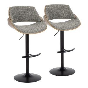 Mid-Century Modern Adjustable Barstool with Swivel, Fabric Seat, Wood Accents, and Rounded T Footrest, Set of 2 - 1 of 4