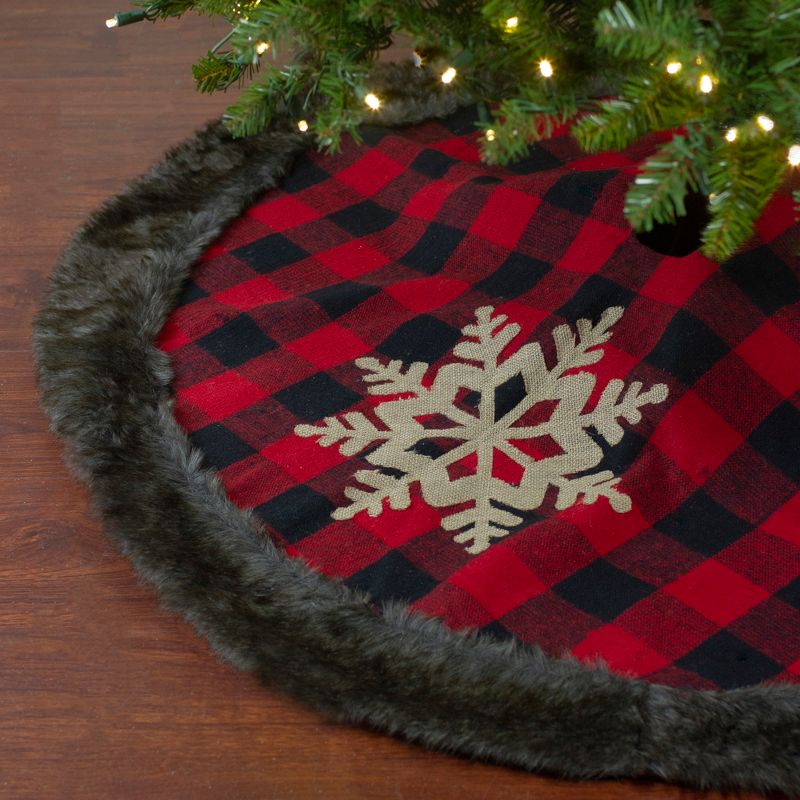 Northlight 48-Inch Red and Black Christmas Tree Skirt with Burlap Snowflake, 2 of 6