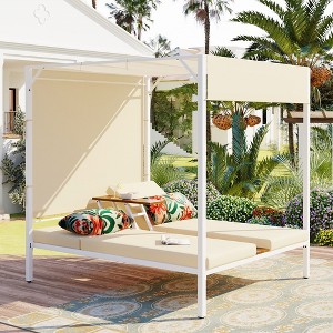 Outdoor Patio Sunbed Daybed, Upholstered Patio Bed With Cushions, Adjustable Seats, Middle Cup Holder Balcony, Poolside, Garden - 1 of 4