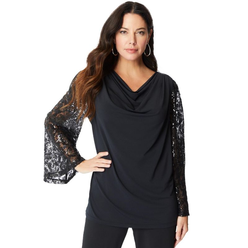 Roaman's Women's Plus Size Ultrasmooth® Fabric Embellished Bell-Sleeve Blouse, 1 of 3