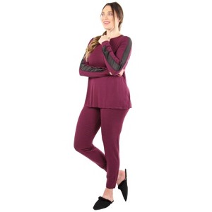 Memoi Women's Satin Trim Long Sleeve Matching Pajama Set Aubergine XL - 1 of 4