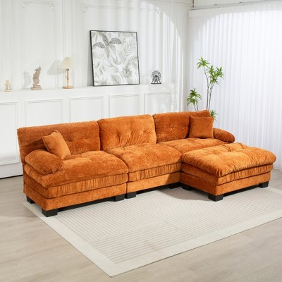 120.87" Chenille L-Shaped Modular Sectional Sofa with Deep Seating, Ottoman, Dual-Layer Cushions & Pillows