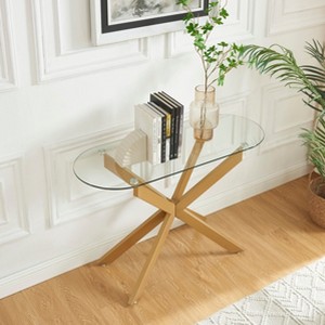 Metal & Glass Console Table with Oval Top and Cross Legs - 1 of 4