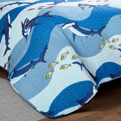 Blue Cotton Twin Reversible Shark Quilt Set