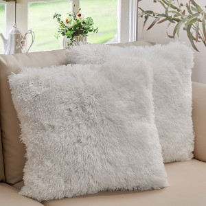 Cheer Collection Super Soft Shaggy Long Hair Throw Pillows Set of 2 - White (24" x 24") - 1 of 4