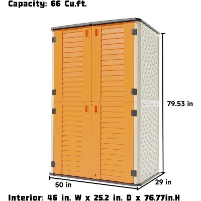 Syemin Outdoor Storage Shed, Vertical Tall Tool Shed with Five Shelves, Lockable Door for Patio, Backyard and Lawn, Orange, 50"*79.53"*29"