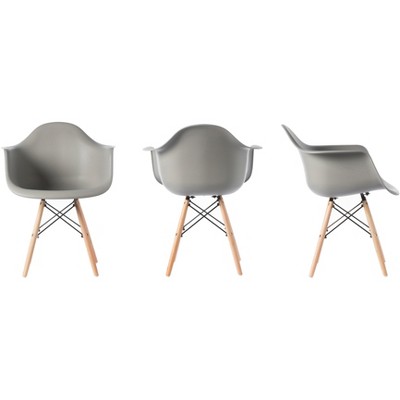 Gray Plastic Shell Dining Arm Chair with Wooden Legs
