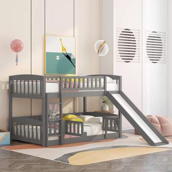 Twin Over Twin Wood Low Bunk Bed with Slide and Ladder-ModernLuxe