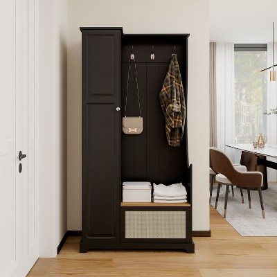 CAVINAS Hall Tree with 3 Hooks Modern Coat Rack with Storage Bench and Rattan Cabinet Door for Hall