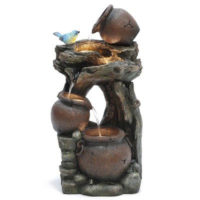 LuxenHome Rustic Pots and Pitchers on Tree Resin Outdoor Fountain with Lights Brown