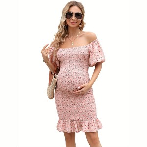 Square Neck Full Body Lotus Leaf Sleeve Maternity Dress - 1 of 1
