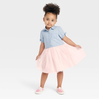 Oshkosh B gosh Toddler Girls Chambray Short Sleeve Tulle Dress Light Pink blue Denim Target