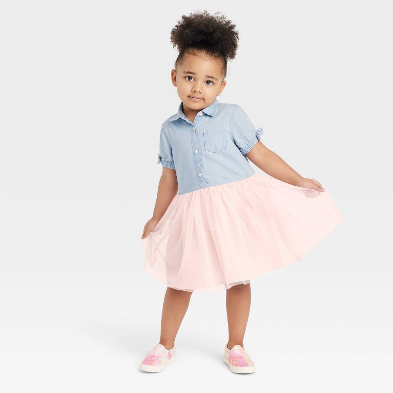 OshKosh B'gosh Toddler Girls' Chambray Short Sleeve Tulle Dress - Light Pink/Blue Denim, 1 of 10