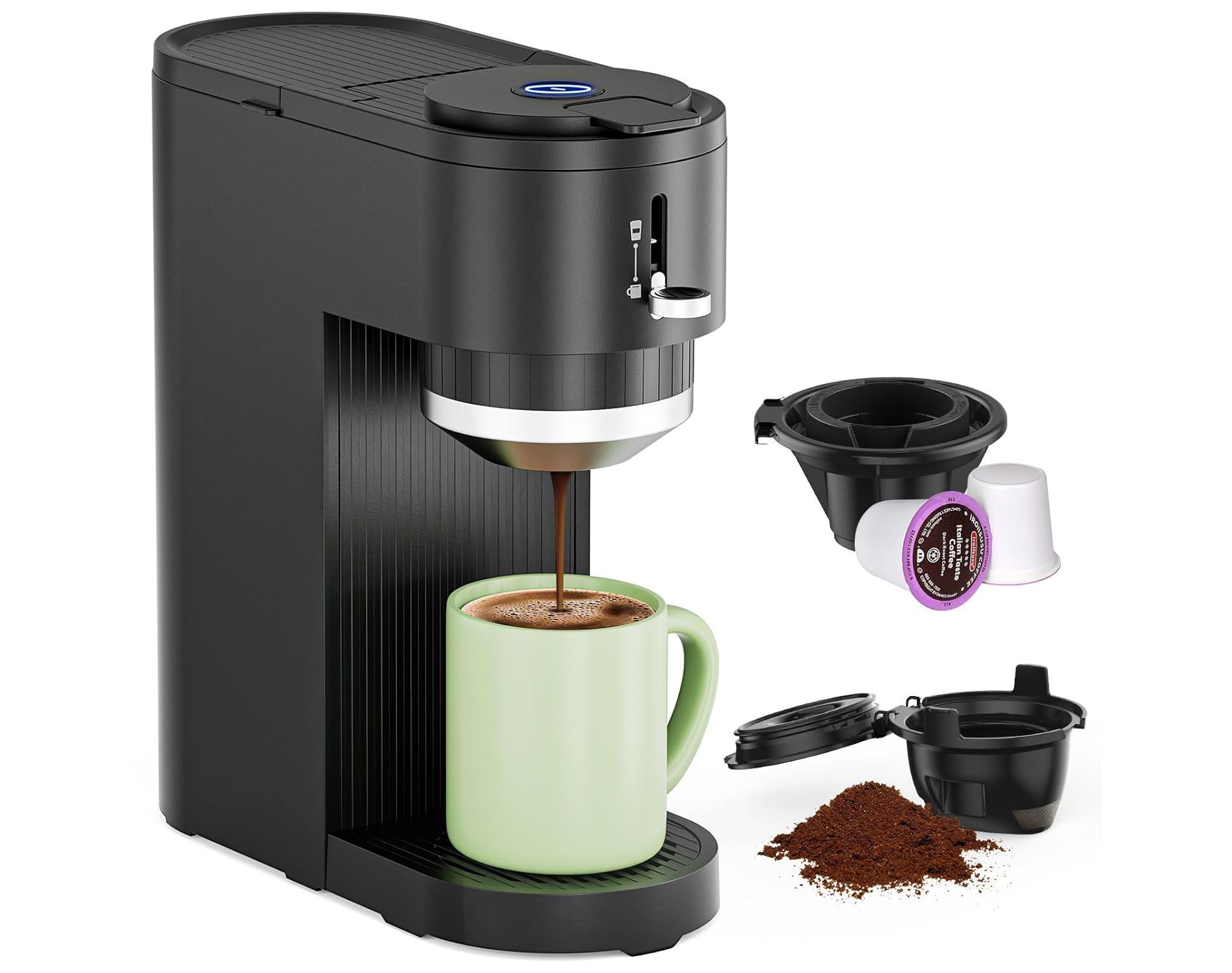 K-Mini Dual Brew Single Serve Coffee Maker – K-Cup & Ground Compatible, Adjustable 6–14 oz Cup, Auto Clean & Shut-Off – Matte Black